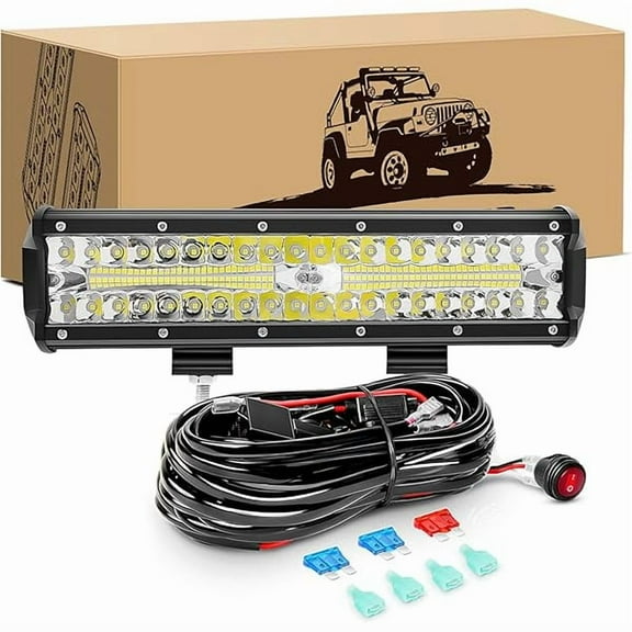 Waywe 12inch 300W Triple Row Led Light Bar Spot Flood Combo Driving Lighting Off Road Lights Led Lamp Working Light with 16AWG Wiring Harness for Truck Golf Cart SUV ATV UTV Boat
