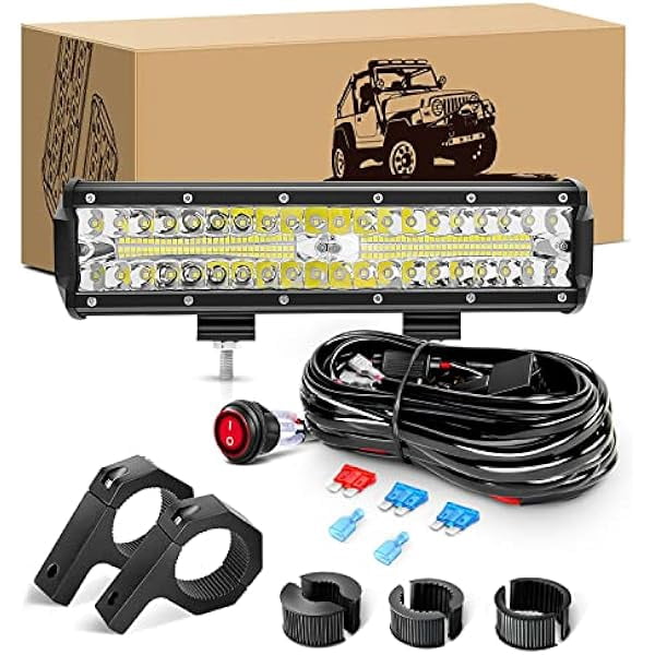 Waywe 12inch 300W Triple Row Led Light Bar Spot Flood Combo Off Road Lights Mounting Bracket Horizontal Bar Tube Clamp Led Lamp with Wiring Harness for Truck Golf Cart ATV UTV