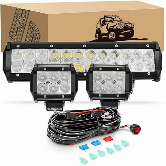 Waywe 12inch 72W Led Light Bar 2PCS 4 inch 18W LED Pods Led Driving Fog Lights with 16AWG Off Road Wiring Harness-3 Leads for Truck Golf Cart SUV ATV UTV Boat