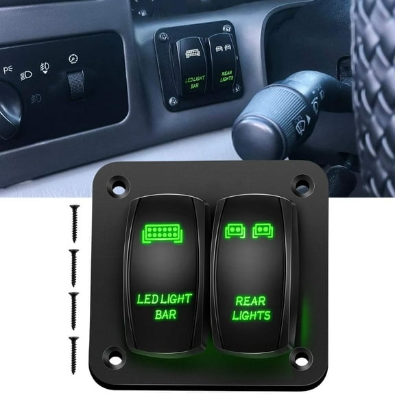 Waywe 2 Gang Rocker Switch Panel LED Light Bar Switch Rear Lights Switch 12 24V DC Green Switches 5Pin ON Off Pre-Wired Toggle Switch Panel for Cars ATVs UTVs