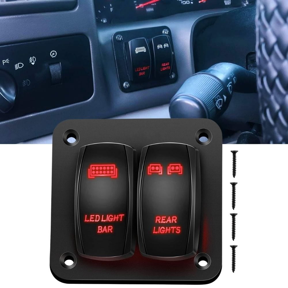 Waywe 2 Gang Rocker Switch Panel LED Light Bar Switch Rear Lights Switch 12 24V DC Red Switches 5Pin ON Off Pre-Wired Toggle Switch Panel for Cars ATVs UTVs