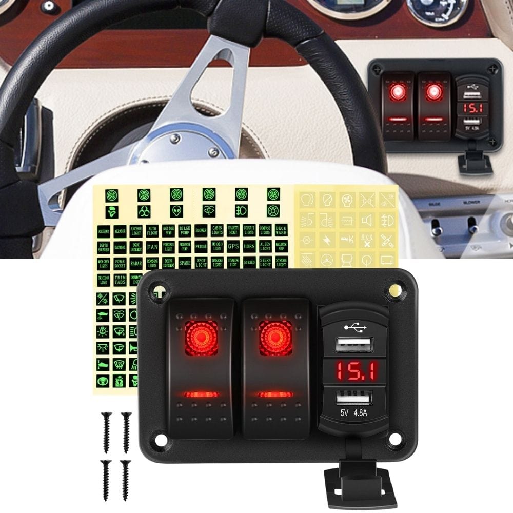 Waywe 2 Gang Rocker Switch Panel Red Backlit with 4.8 Amp Dual USB Charger Voltmeter Waterproof 12V 24V DC Rocker Switch for Car Trucks Boats RVs