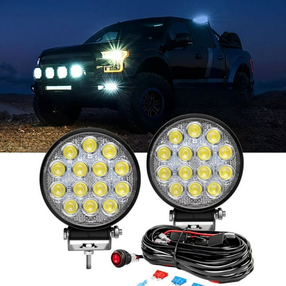 Waywe 2 PCS 4.5Inch 42W Led Round Lights Off Road led Flood Light 4200LM Driving Roof Pods Lamp Bumper Lights with 16AWG Wiring Harness Kit-2 Leads for Trucks Tractor ATV Jeep
