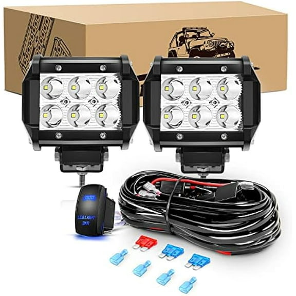 Waywe 2PCS 18W LED Pods Spot Light Bar Fog Light Driving Lighting with 12V 5Pin Rocker Switch Off Road Wiring Harness-2 Leads for Truck Golf Cart SUV ATV UTV Boat