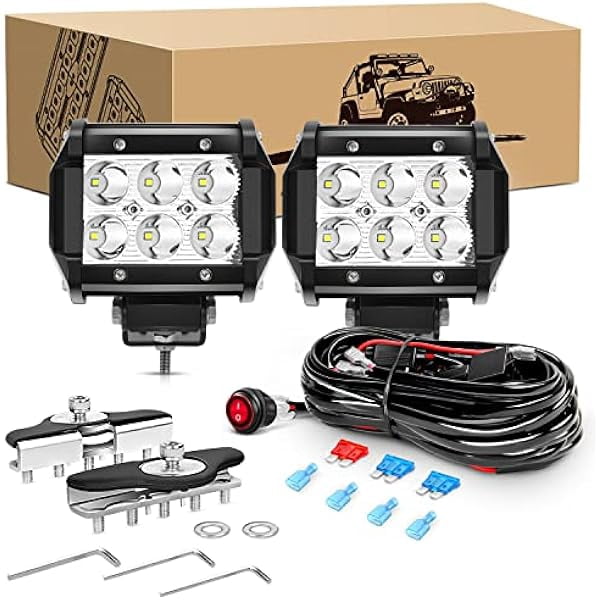 Waywe 2PCS 18W LED Pods Spot Light Bar Fog Light Universal Adjustable Pillar Hood Led Work Light with 16AWG Off Road Wiring Harness-2 Leads for Truck Golf Cart SUV ATV UTV Boat, White (Auto-611)