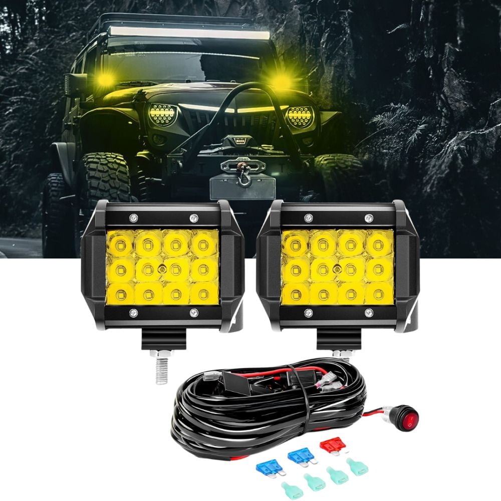 Waywe 2PCS 4" Amber LED Pods 36W Triple Row Flood Light Bar Fog Light 3600LM Driving Lighting with 16AWG Off Road Wiring Harness-2 Leads for Truck Golf Cart SUV ATV UTV Boat, Clear,Yellow