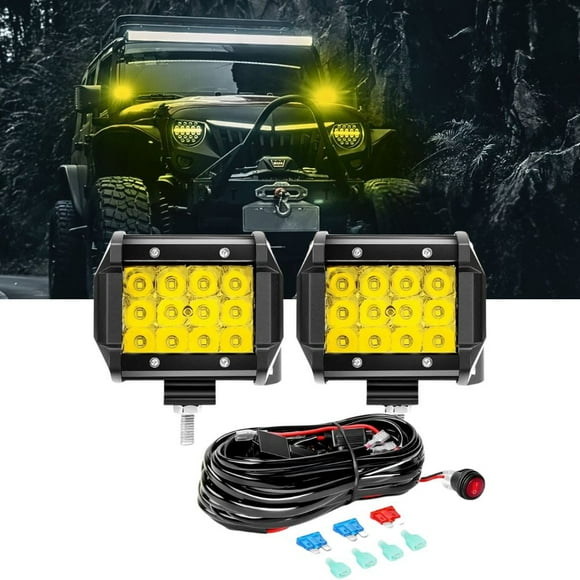 Waywe 2PCS 4" Amber LED Pods 36W Triple Row Flood Light Bar Fog Light 3600LM Driving Lighting with 16AWG Off Road Wiring Harness-2 Leads for Truck Golf Cart SUV ATV UTV Boat, Clear,Yellow