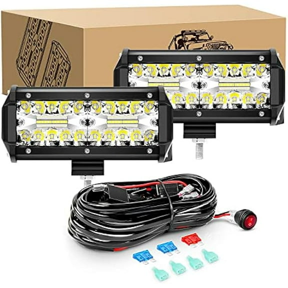 Waywe 2PCS 6.5 Inch 120W Triple Row LED Pods Flood Light Bar Fog Light Driving Lighting with 16AWG Off Road Wiring Harness-2 Leads for Truck Golf Cart SUV ATV UTV Boat