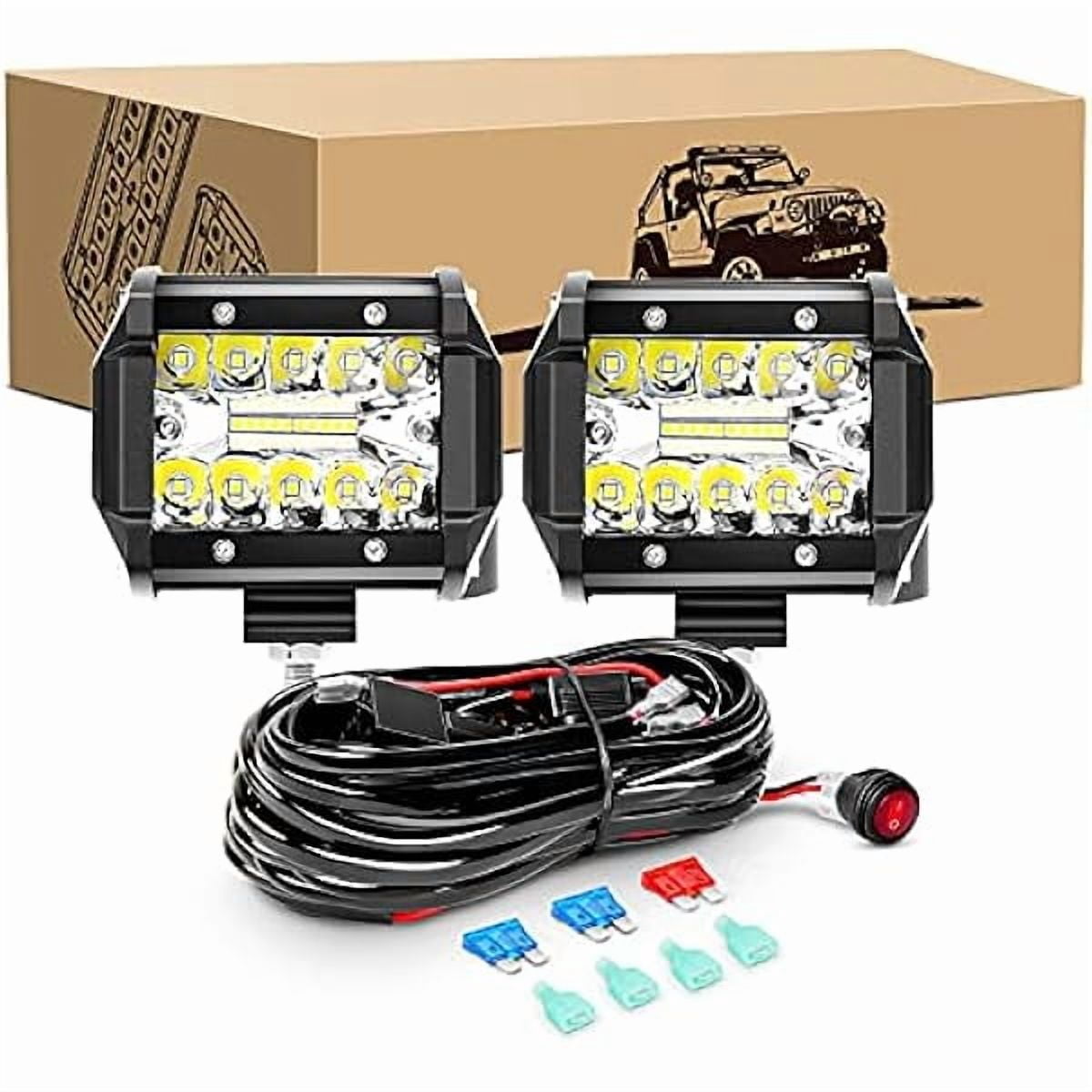 Waywe 2PCS 60W 4 Inch Triple Row LED Pods Flood Light Bar Fog Light Driving Lighting with 16AWG Off Road Wiring Harness-2 Leads for Truck Golf Cart SUV ATV UTV Boat