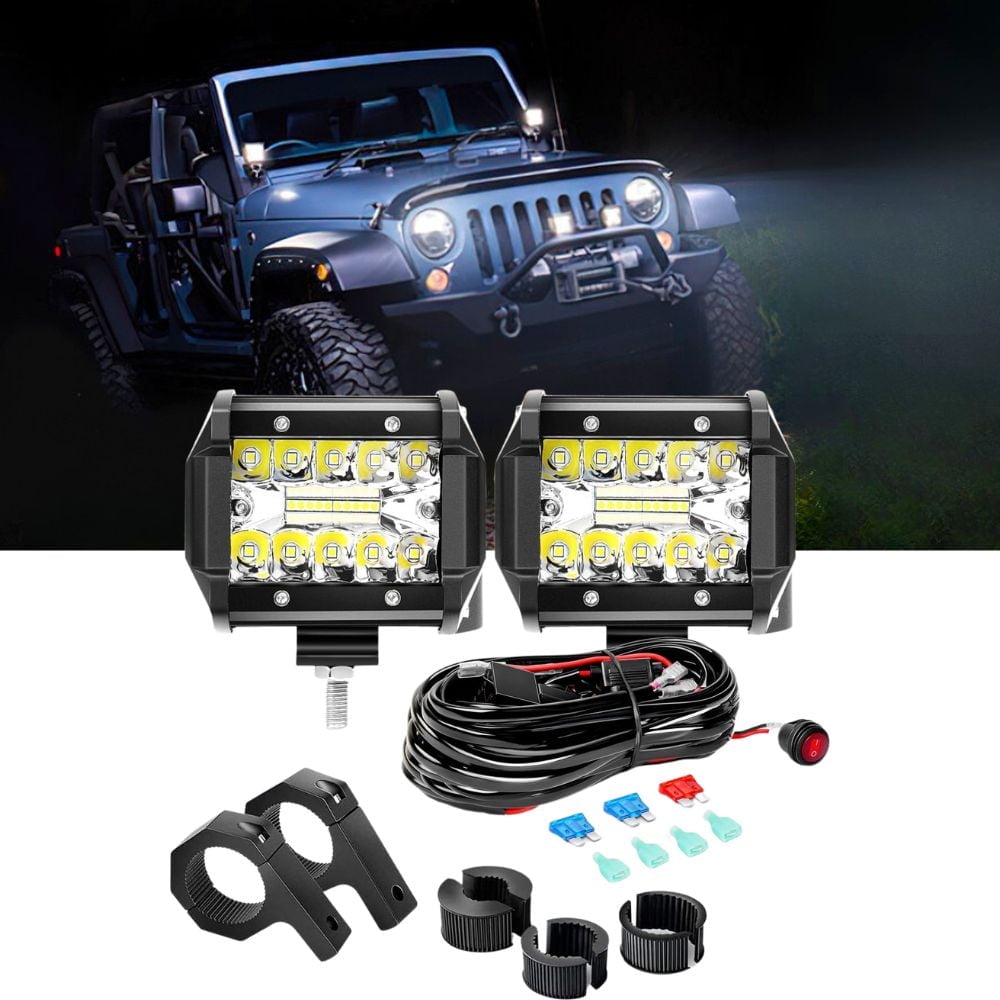 Waywe 2PCS 60W 4 inch Triple Row LED Pods Fog Light Mounting Bracket  Horizontal Bar Tube Clamp Driving Lighting with 16AWG Off Road Wiring  Harness-2 