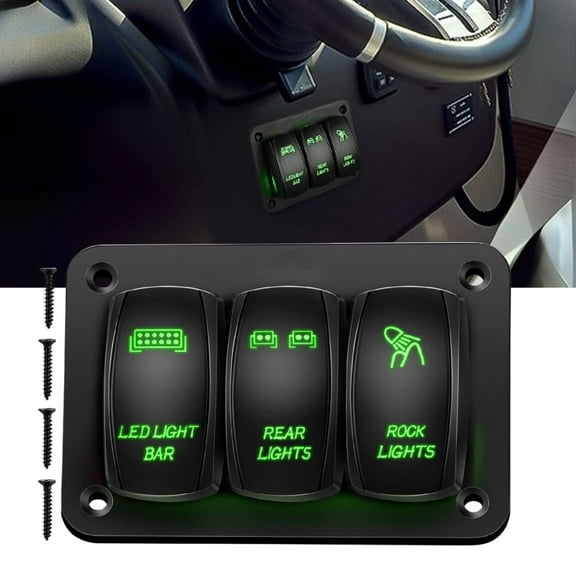 Waywe 3 Gang Rocker Switch Panel Aluminum 5 Pin ON Off Toggle Switch Panel LED Light Bar Switch SPST 12V 24V Green Switches for Marine Boats Cars ATVs UTVs
