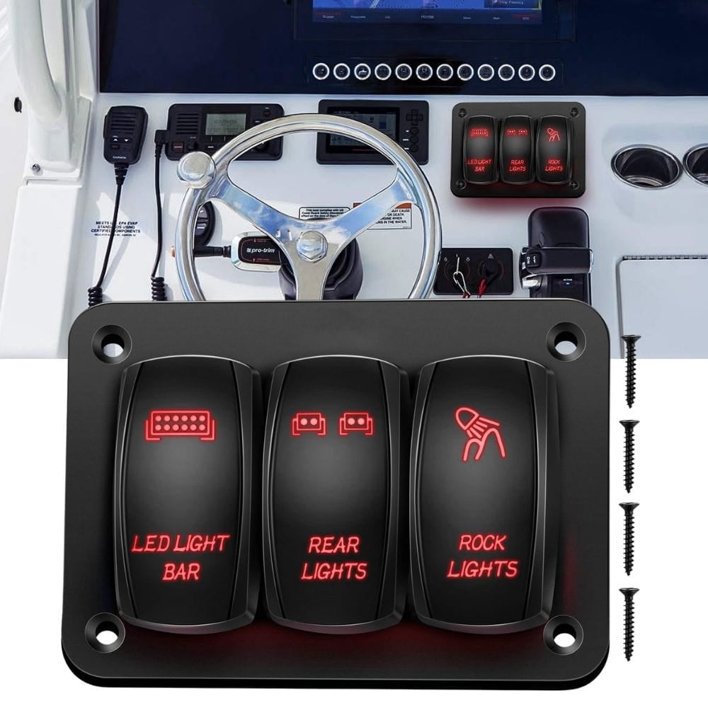 Waywe 3 Gang Rocker Switch Panel Aluminum 5 Pin ON Off Toggle Switch Panel LED Light Bar Switch SPST 12V 24V Red Switches for Marine Boats Cars ATVs UTVs