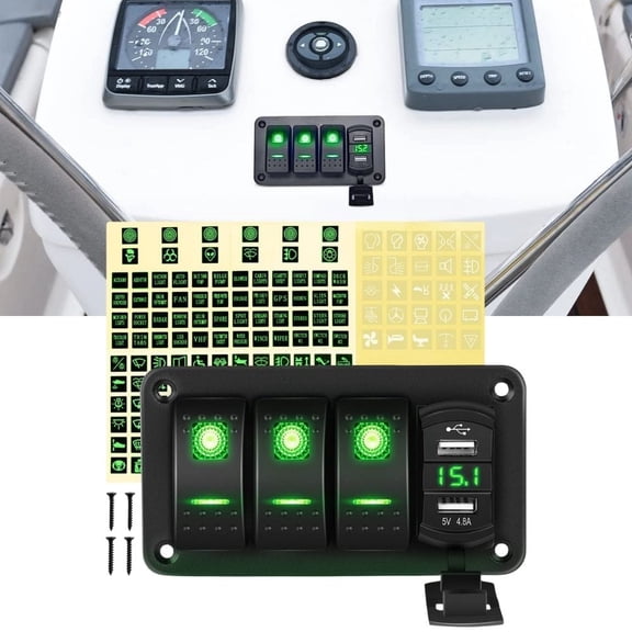 Waywe 3 Gang Rocker Switch Panel Green Backlit with 4.8 Amp Dual USB Charger Voltmeter Waterproof 12V 24V DC Rocker Switch for Car Trucks Boats RVs