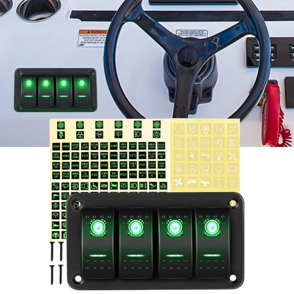 Waywe 4 Gang Rocker Switch Panel 5Pin On Off Toggle Switch Aluminum Holder 12V 24V Dash Pre-Wired Green Backlit Switches for Automotive Cars Marine Boats RVs Truck