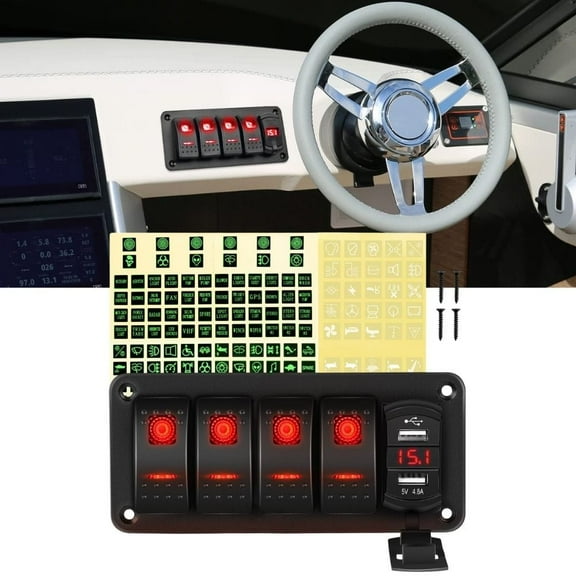 Waywe 4 Gang Rocker Switch Panel Red Backlit with 4.8 Amp Dual USB Charger Voltmeter Waterproof 12V 24V DC Rocker Switch for Car Trucks Boats RVs