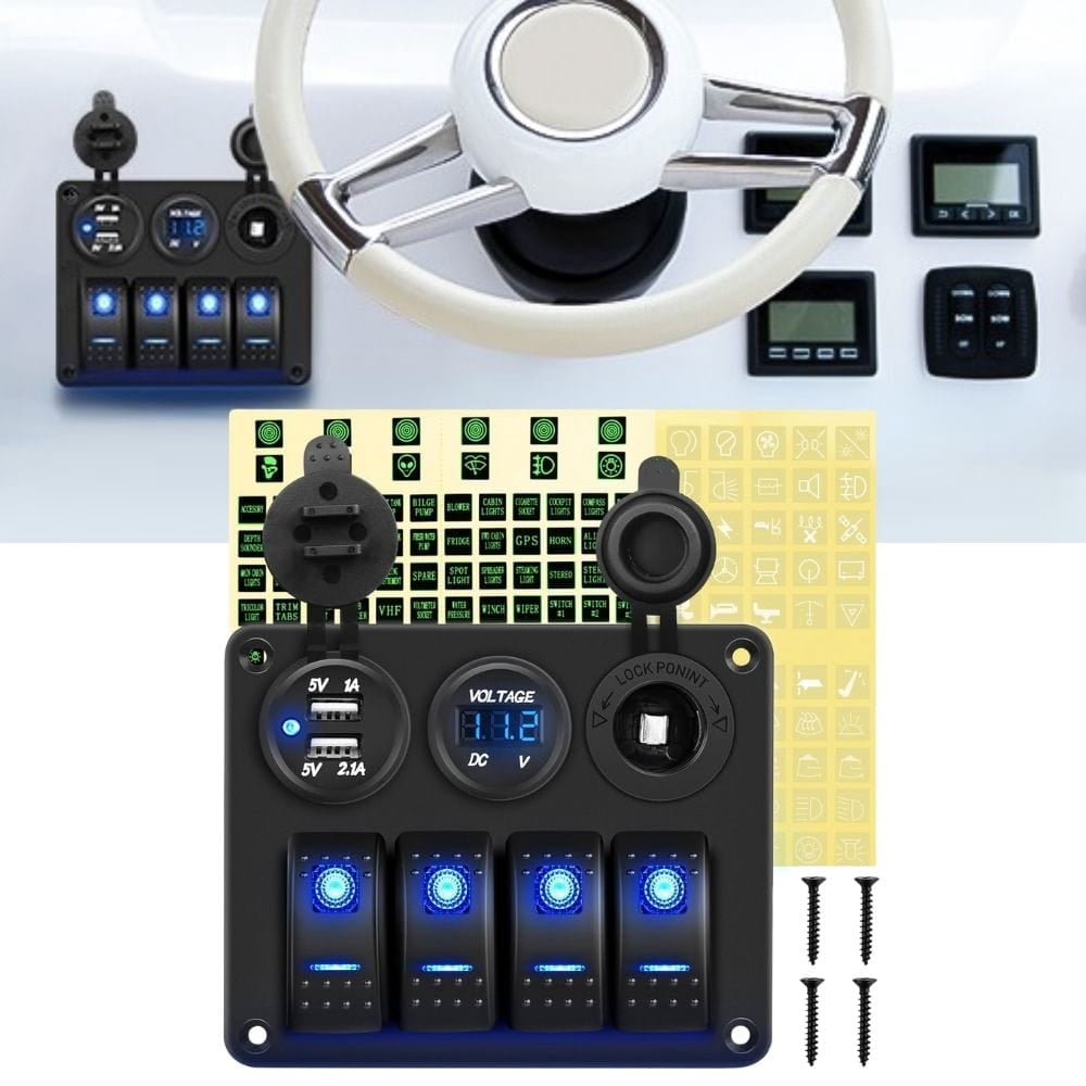 Waywe 4 Gang Rocker Switch Panel with USB Charger Voltmeter and Cigar Lighter 12V 24V Toggle Switch ON Off Rocker Switch Blue for Cars Rvs Trucks