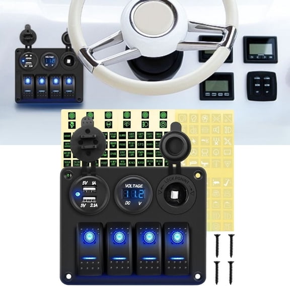Waywe 4 Gang Rocker Switch Panel with USB Charger Voltmeter and Cigar Lighter 12V 24V Toggle Switch ON Off Rocker Switch Blue for Cars Rvs Trucks