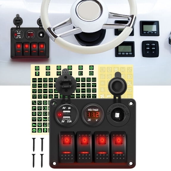 Waywe 4 Gang Rocker Switch Panel with USB Charger Voltmeter and Cigar Lighter 12V 24V Toggle Switch ON Off Rocker Switch Red for Cars Rvs Trucks
