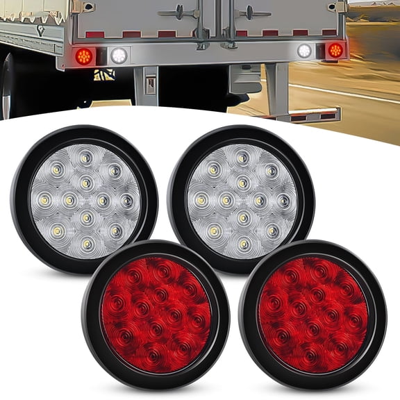Waywe 4Inch Round Trailer Tail Light 4PCS 12LED Red White Brake Turn Signals Reverse Back Up Lights w/Surface Mount Grommets Plugs IP67 Waterproof for Truck RV Tractor