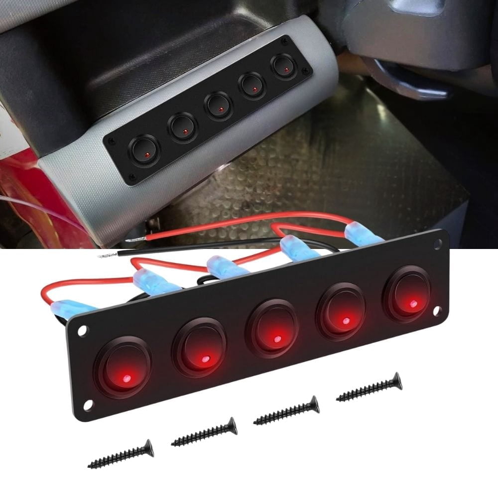 Waywe 5 Gang 3 Pin Rocker Switch Panel 20A Waterproof On Off 12V Red ...