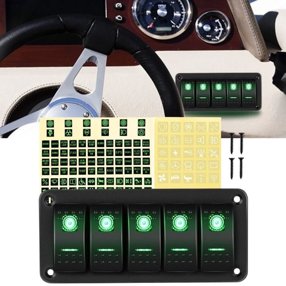 Waywe 5 Gang Rocker Switch Panel 5Pin on/off Toggle Switch Aluminum Holder 12V 24V Dash Pre-Wired Green Backlit Switches for Automotive Cars Marine Boats RVs Truck