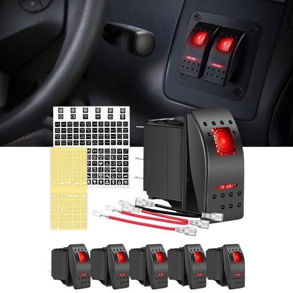 Waywe 6 Pack Rocker Switches with Night Glow Stickers 5 PIN SPST Red Backlit 12V 24V Toggle Switch for Cars Trucks RVs Boats Auto Motorcycles