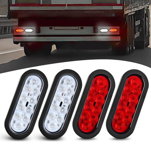 Waywe 6Inch Oval Trailer Tail Light 4PCS 10LED White Red Stop Turn Signals Reverse Lights w/Surface Mount Grommets Plugs IP67 Waterproof for Truck RV Tractor