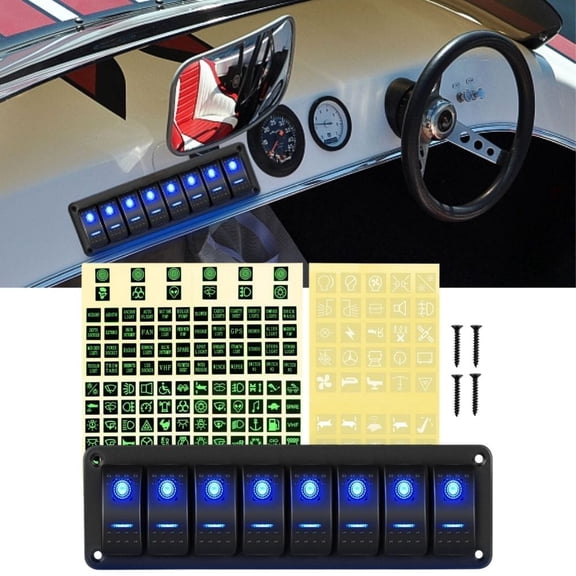 Waywe 8 Gang Rocker Switch Panel 5Pin On Off Toggle Switch Aluminum Holder 12V 24V Dash Pre-Wired Blue Backlit Switches for Automotive Cars Marine Boats RVs Truck