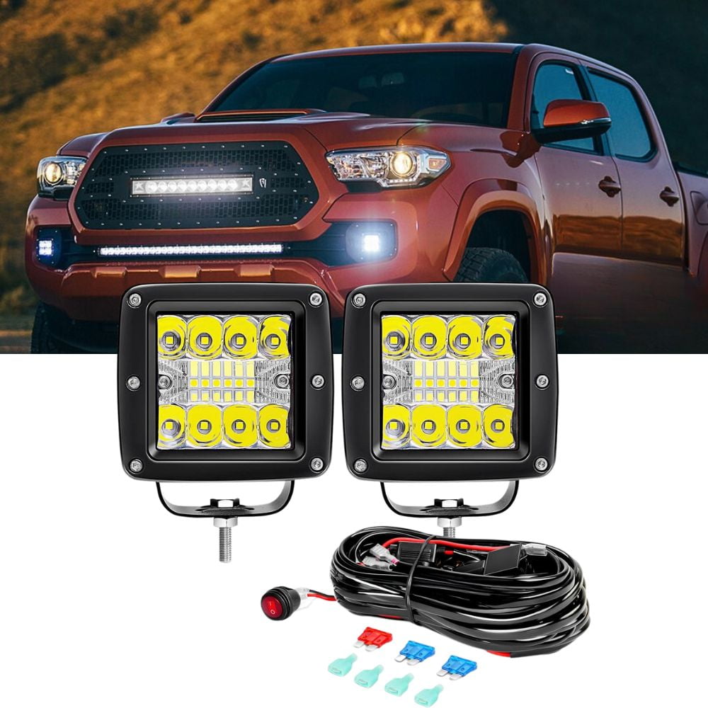 Waywe LED Cubes 2PCS 3Inch 42W LED Pods Driving Lights Spot Flood Offroad  LED Work Light Fog Lights Boat Light with Wiring Harness Kit for Pickup  Trucks UTV ATV SUV Motor Car -