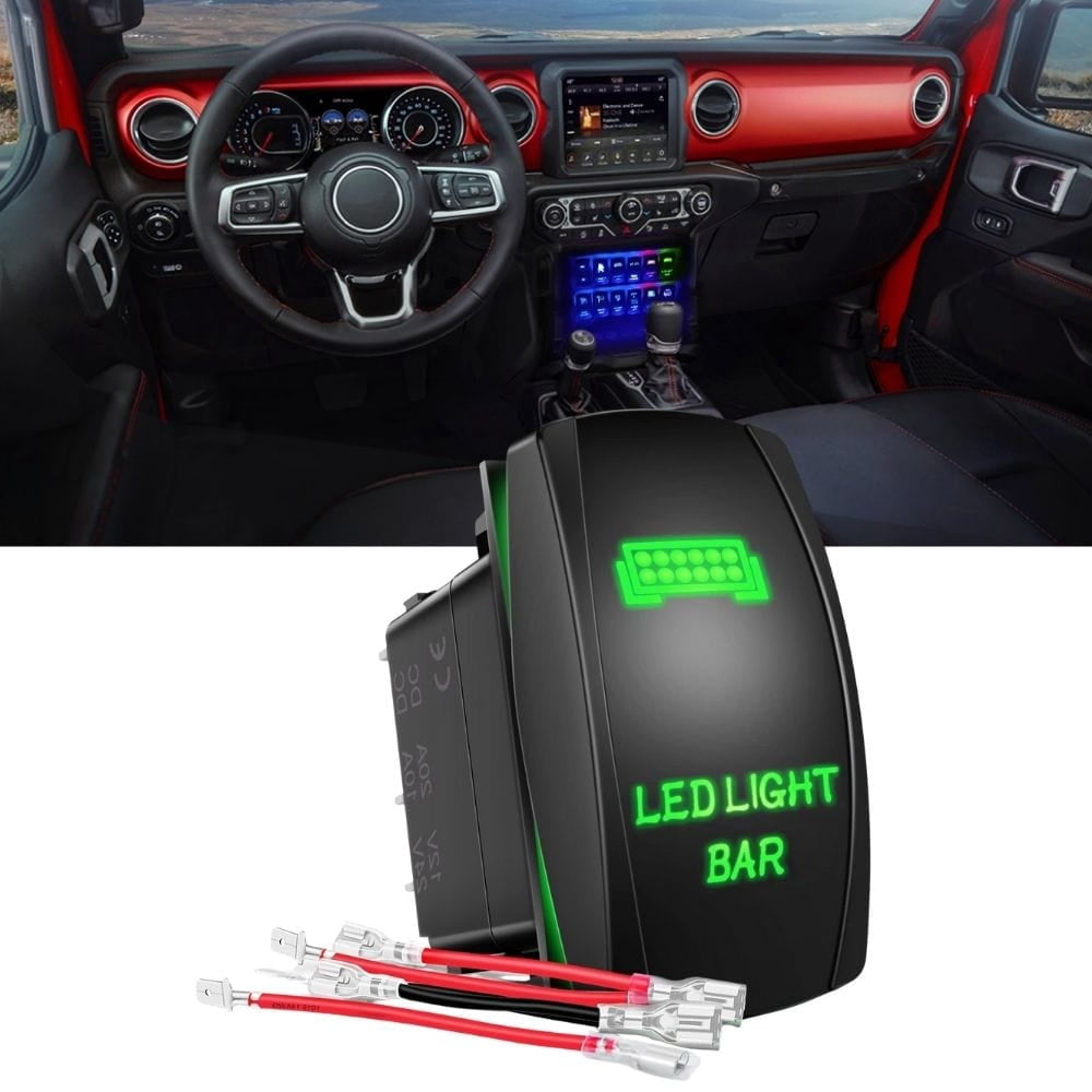 Waywe Led Light Bar Rocker Switch 5Pin Laser On off Lights 20A 12V 10A 24V Switches Green Jumper Wires Set for Jeep Boat Trucks
