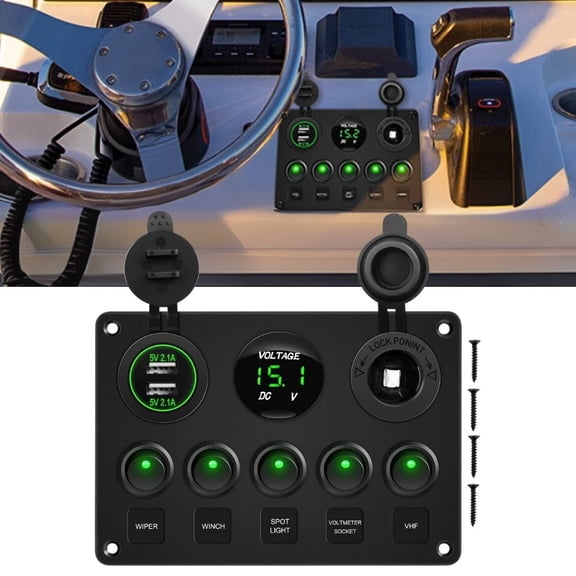 Waywe Multi-Function 5 Gang Rocker Switch Dual USB Charger Digital Volmeter 12V Outlet Pre-Wired Switch Panel Green with Circuit Breakers for RV Car Boat Truck Trailer