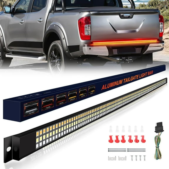 Waywe Truck Tailgate Light Strip 60" Aluminum Frame led bar Triple Row Tail Lighting Sequential Amber Turn Signal Strobe Red Running Brake White Reverse
