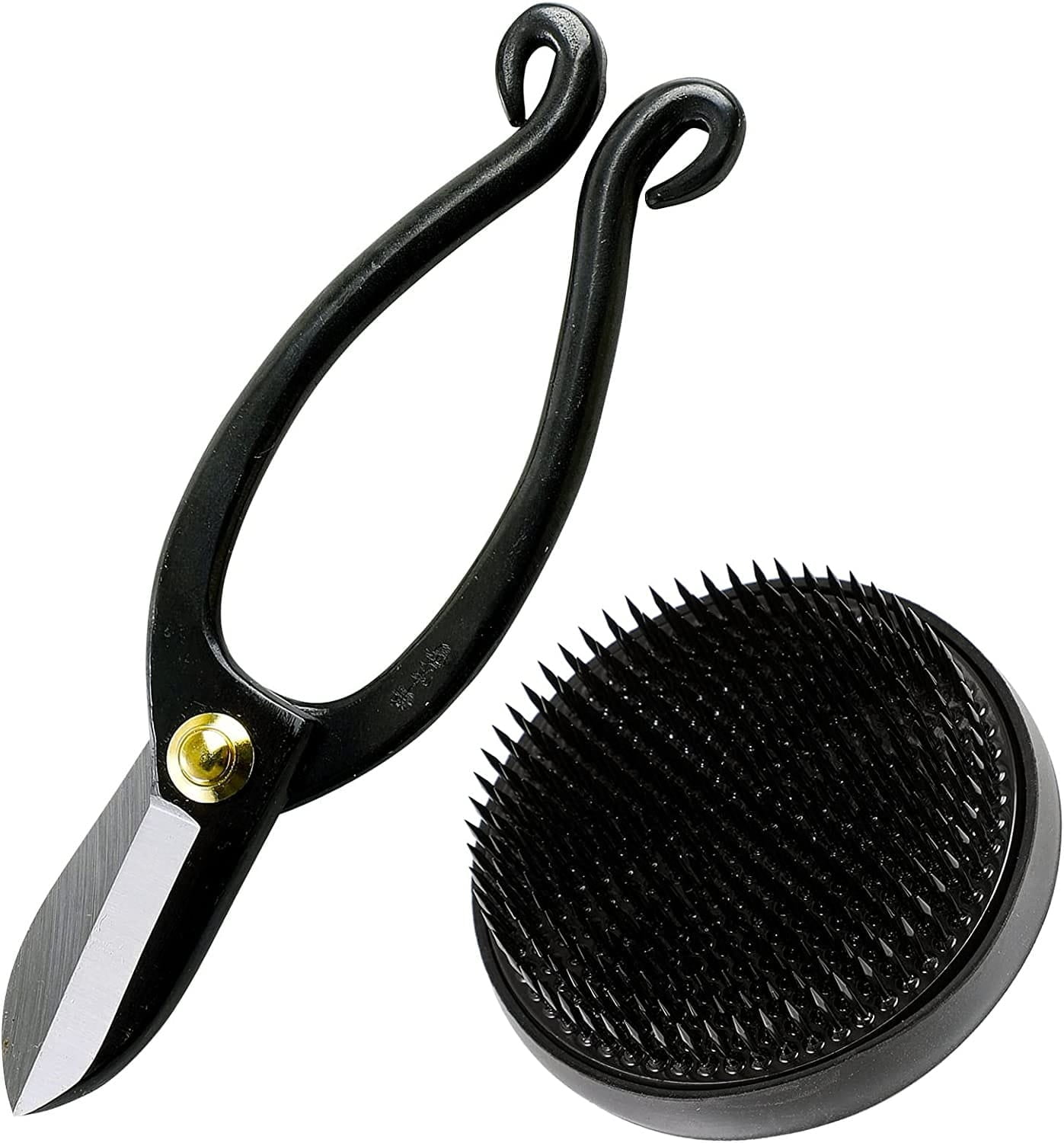 Wazakura Ikebana Tool Kit - Ikenobo Scissors + Black Kenzan Flower Holder 3-1/4" Made in Japan