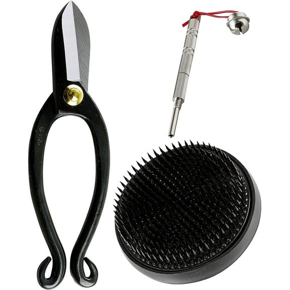 Wazakura Made in Japan Ikebana for Beginners Tool Kit, Ikenobo Scissors, Black Kenzan Holder, Cleaner, Flower Arrangement Set, Florist Shears & Pin Frog - Black kenzan 3-1/4" + care tool