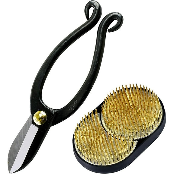 Wazakura Made in Japan Ikebana Tool Kit - Ikenobo Scissors + Sun and Moon Kenzan Flower Holder Gift Box Set