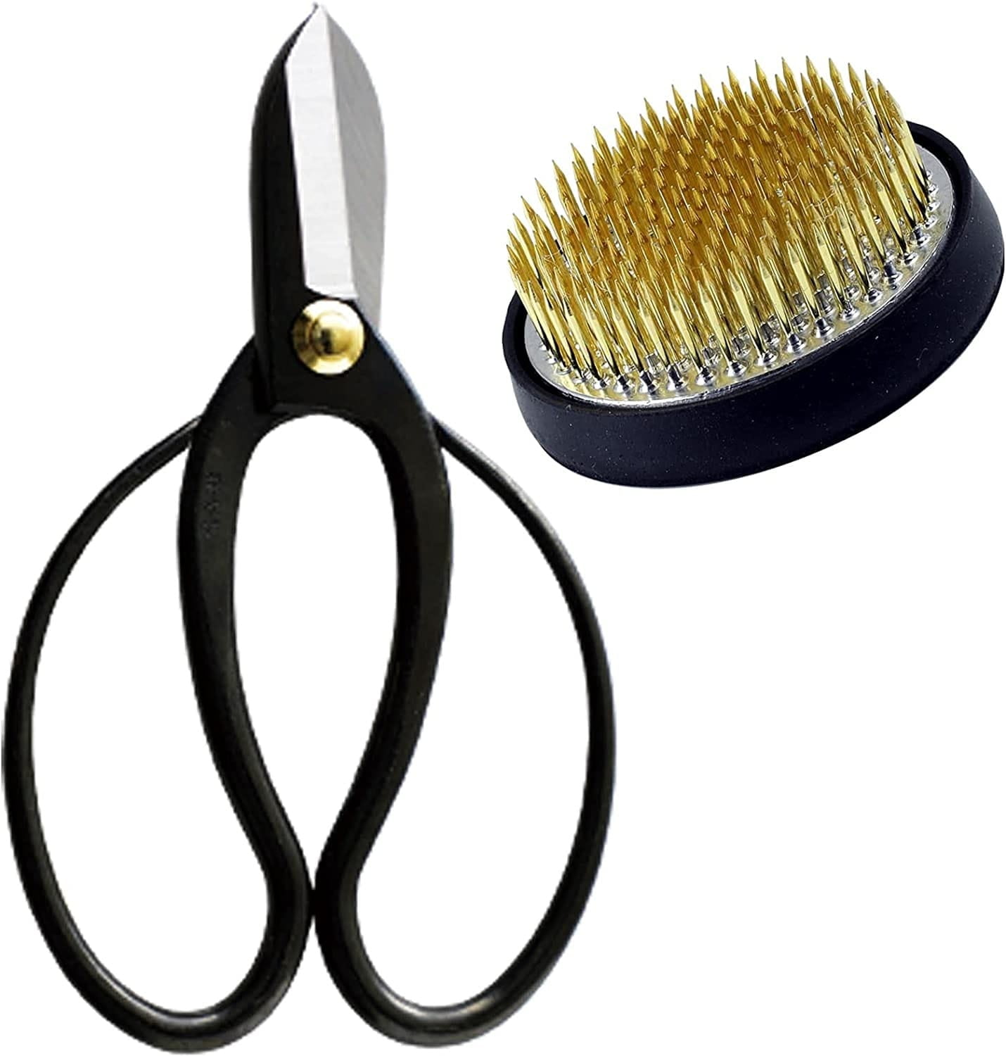 Wazakura Made in Japan Ikebana Tool Kit - Koryu Scissors + Brass Kenzan Flower Holder 2.4"