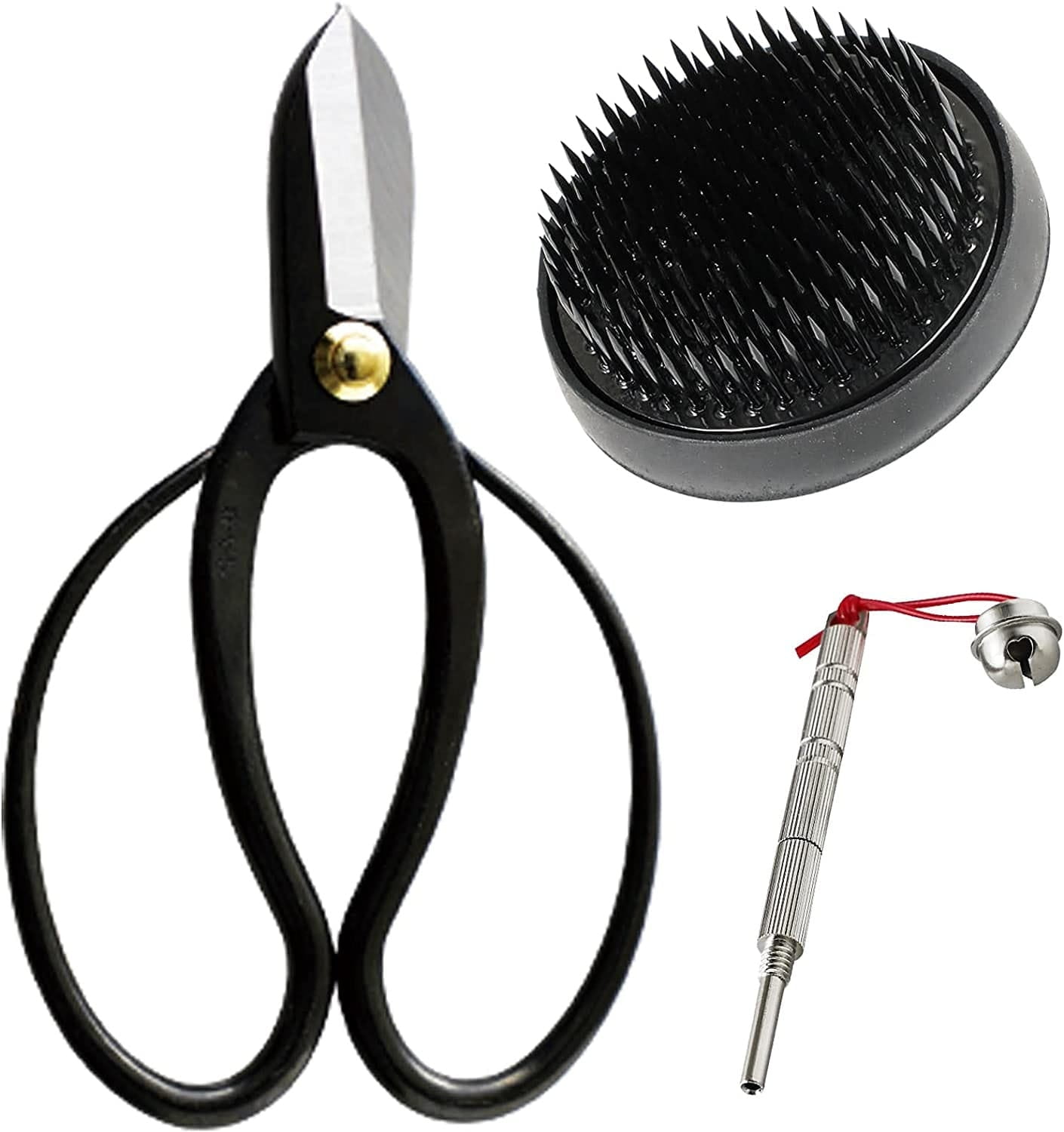 Wazakura Made in Japan Ikebana for Beginners Tool Kit. Koryu Scissors, Balck Kenzan Flower Holder 2.4" + Care Tool