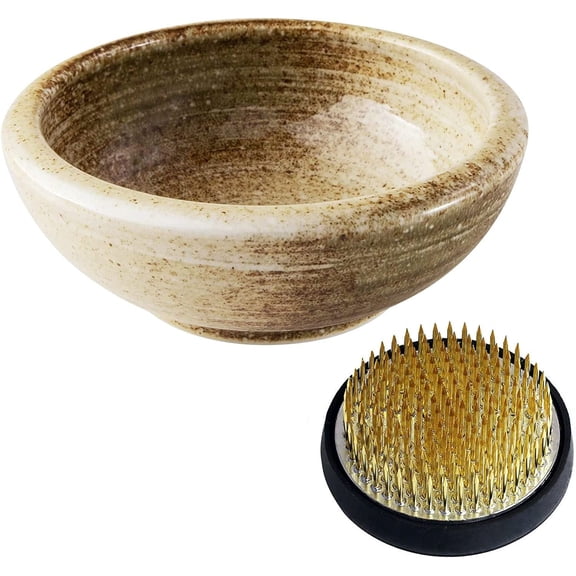 Wazakura Minoyaki Japanese Ikebana Essential Tool Kit with Sand Beige Vase + 2" Brass Kenzan