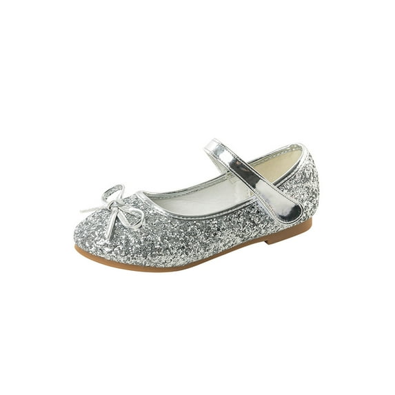 Wazshop Children Mary Jane Glitter Flats Round Toe Dress Shoes Comfort Low Top Princess Shoe Kids Ballet Flat Shiny Sparkling Silver 4Y