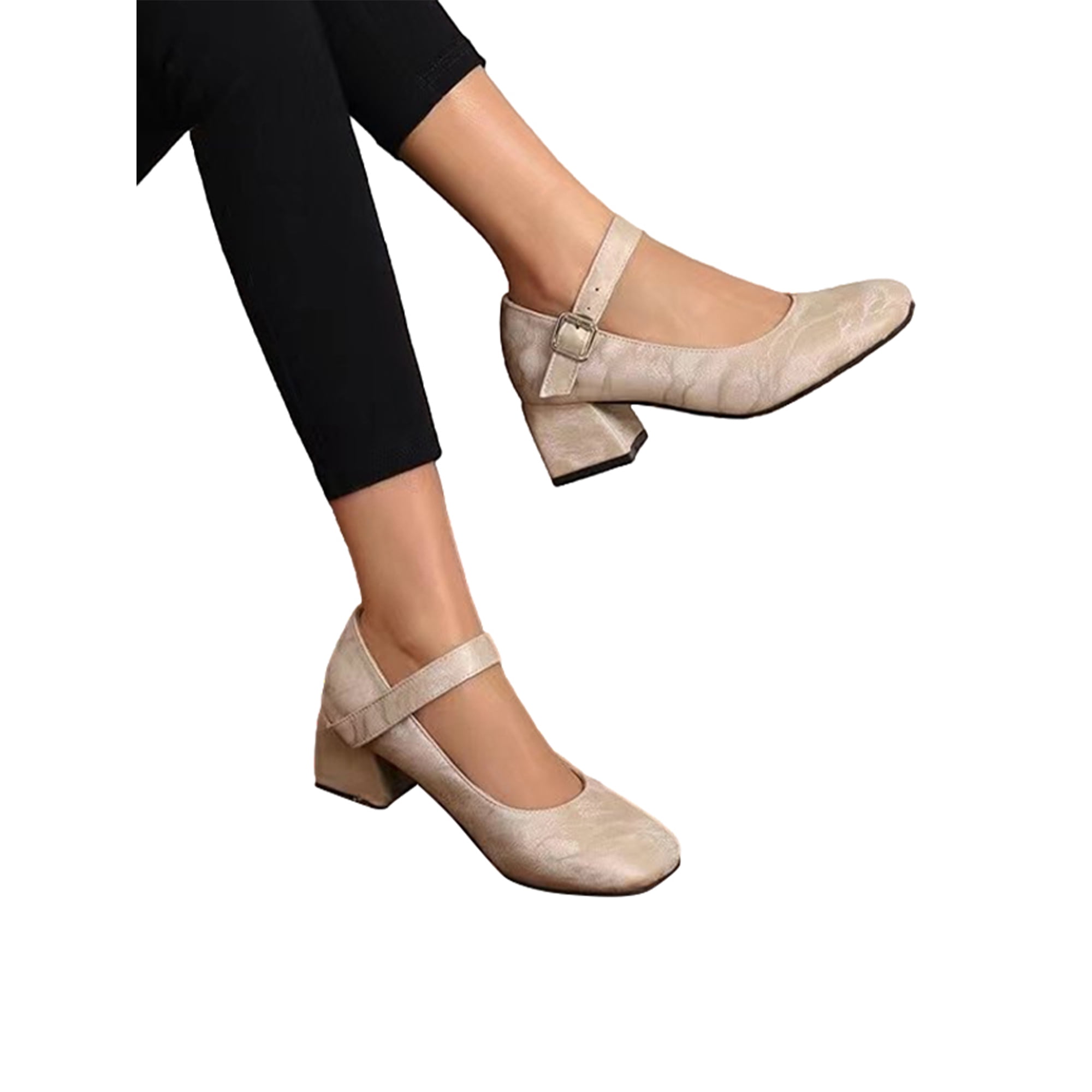 Wazshop Heeled Sandals Chunky Mary Jane Buckle Dress Comfort Square Toe Pumps Womens Retro 5 - Walmart.com