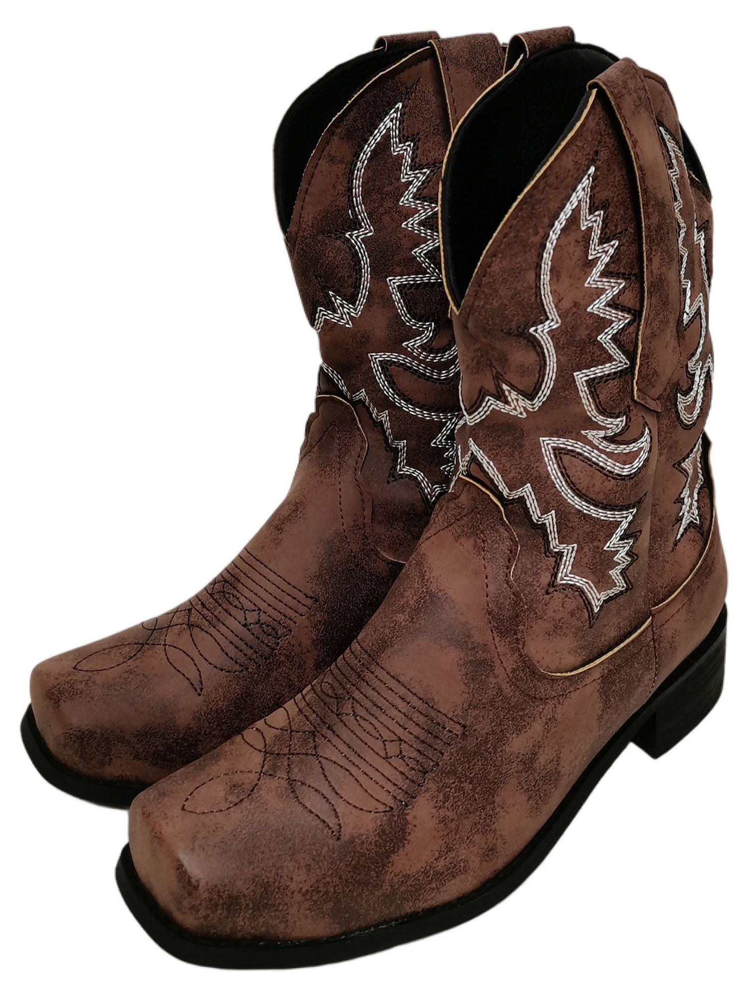 Wazshop Unisex Western Boots Low Chunky Vintage Booties Mid Calf