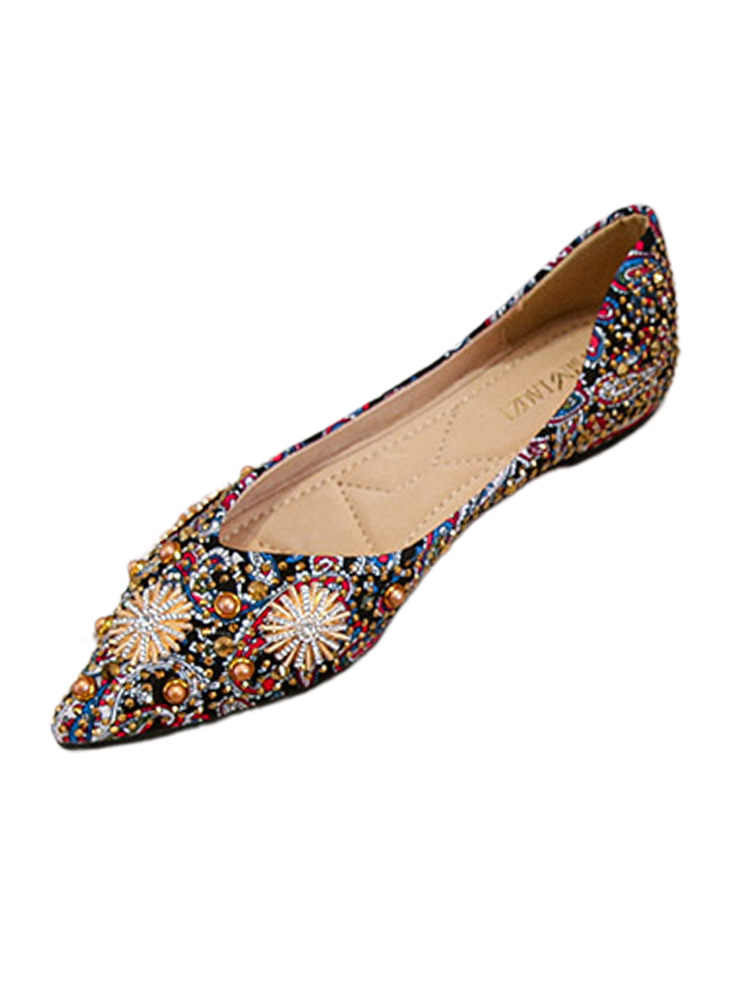 Women Flats Ethnic Floral Dress Shoe Rhinestones Flat Shoes