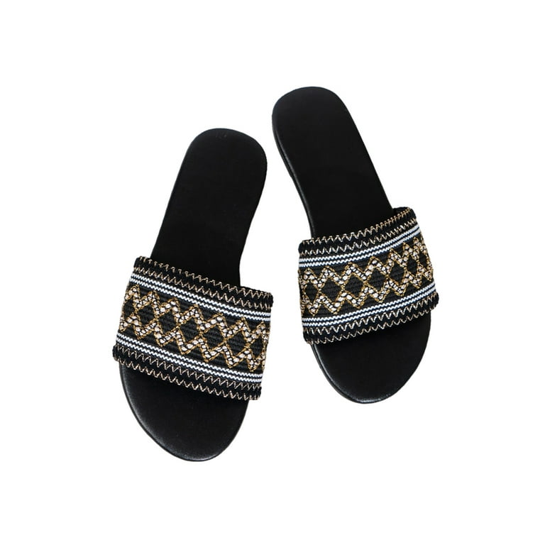 Wazshop Ladies Casual Shoes Summer Sandals Slip On Flat Sandal Ankle Strap Beach  Womens Bohemian Comfort Black 7.5 