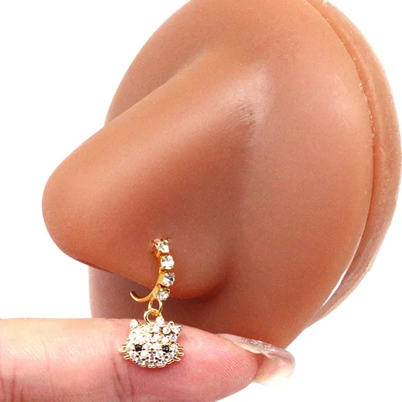 Wdaidj 1pc fashion Hello Kitty stainless steel nose studs anime Kawaii girls Y2K Crystal Love Heart L-shaped nail ring piercing jewelry