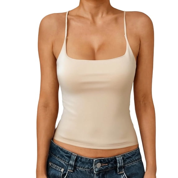 Wdddd Women's Slim Fit Built in Bra Camisole Top Seamless Basic Tank Layering Beige One Size