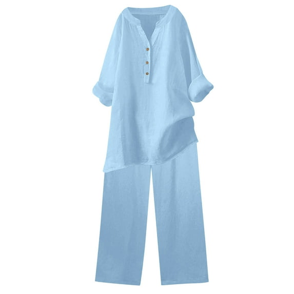 Ohufall 2 Piece Linen Outfits for Women Sale,Summer Cotton Linen Sets Ladies Two Piece Button Down Shirts and Pants Set Casual Comfy Loungewear Sets Loose Fit Tracksuit Sets Clearance