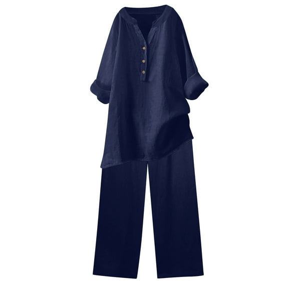 Wdfiry 2 Piece Linen Outfits for Women Sale,Summer Cotton Linen Sets Ladies Two Piece Button Down Shirts and Pants Set Casual Comfy Loungewear Sets Loose Fit Tracksuit Sets Clearance