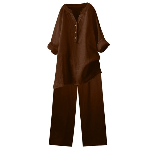 Wdfiry 2 Piece Linen Outfits for Women Sale,Summer Cotton Linen Sets Ladies Two Piece Button Down Shirts and Pants Set Casual Comfy Loungewear Sets Loose Fit Tracksuit Sets Clearance