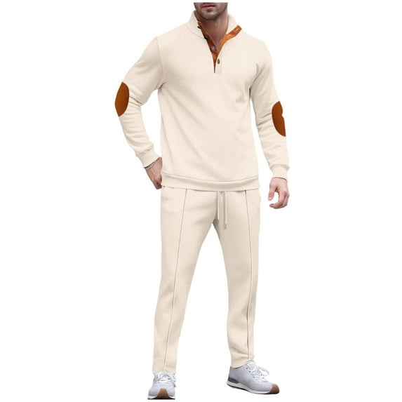 Wdfiry 2 Piece Men's Casual Sweatsuits Solid Color Plus Size Waffle Fall Long Sleeve Outfit Sets Button Stand Collar Splicing Tops and Drawstring Pants Sets