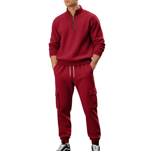 Wdfiry 2 Piece Men's Jogger Sets Casual Solid Color Plus Size Sweatsuits Half Zipper Stand Collar Long Sleeve Sweatshirts and Side Pockets Cargo Pants Sets